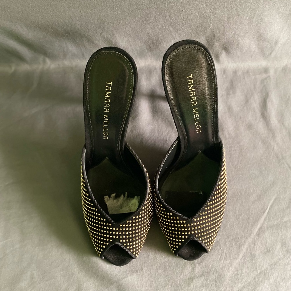 Tamara Mellon studded peep toe mules suede. Size 40